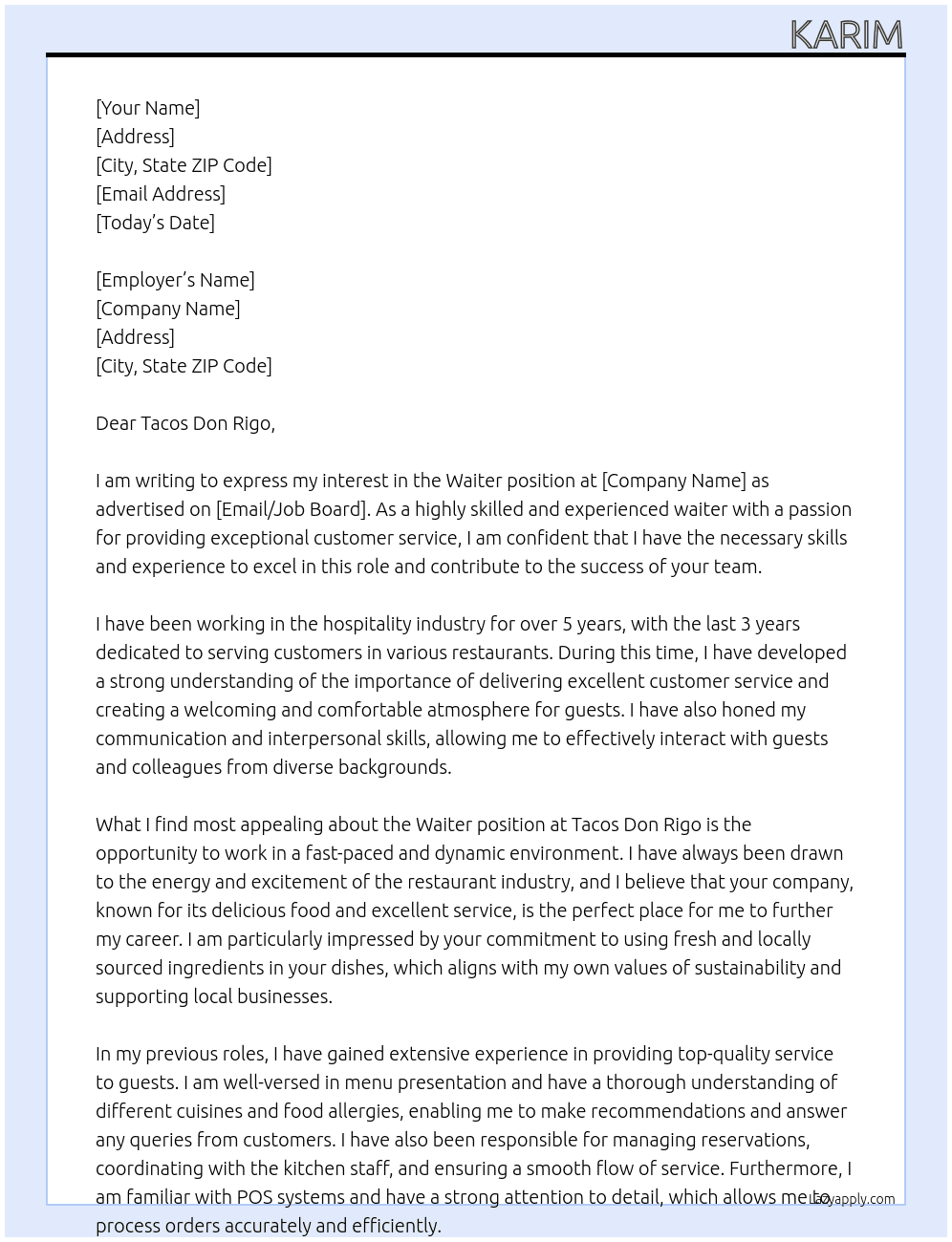Waiter At email Cover Letter