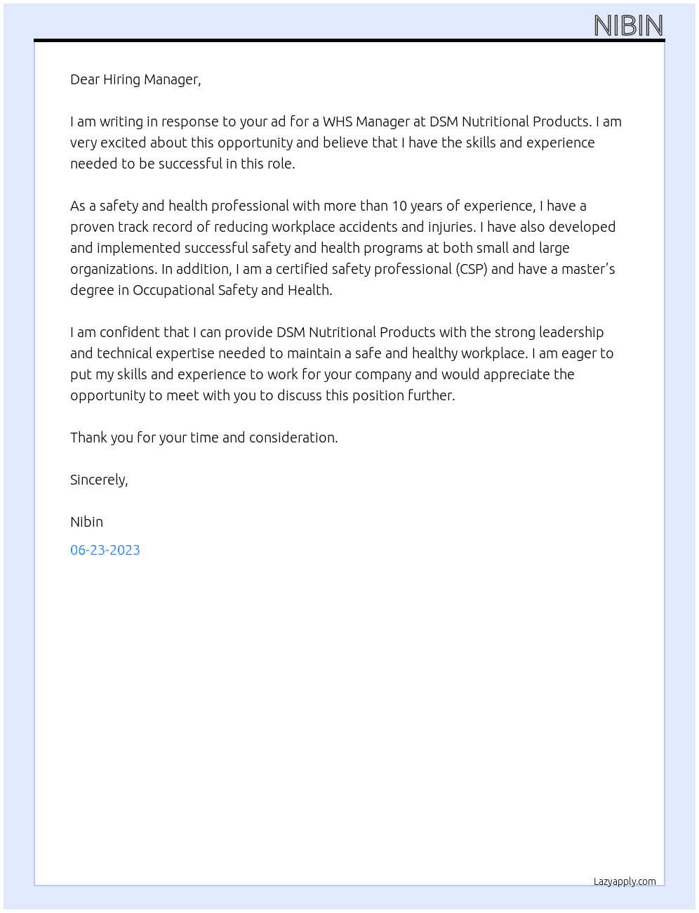 WHS Manager  At DSM Nutritional Products Cover Letter