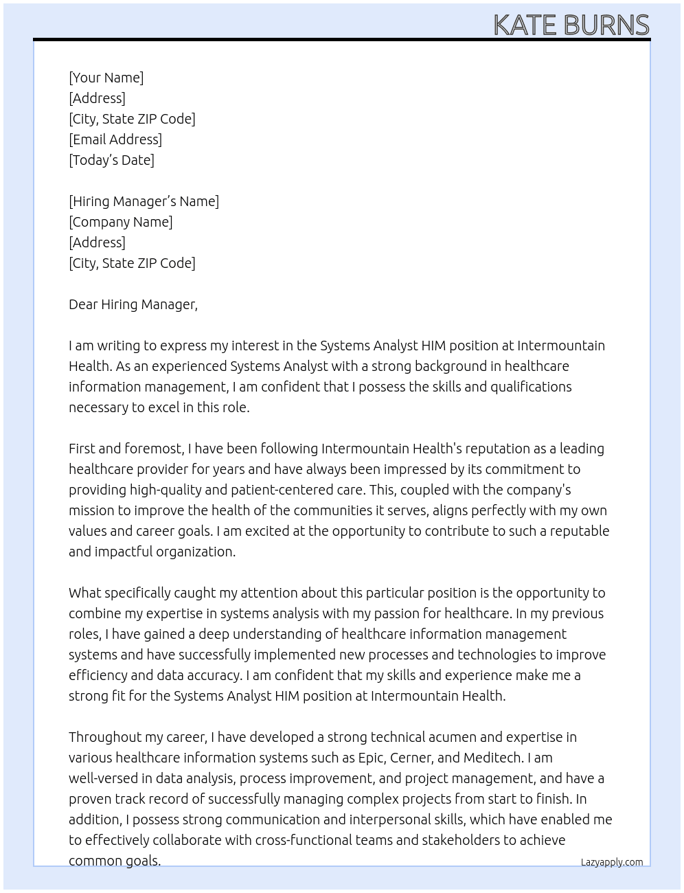Systems Analyst HIM At Intermountain Health Cover Letter