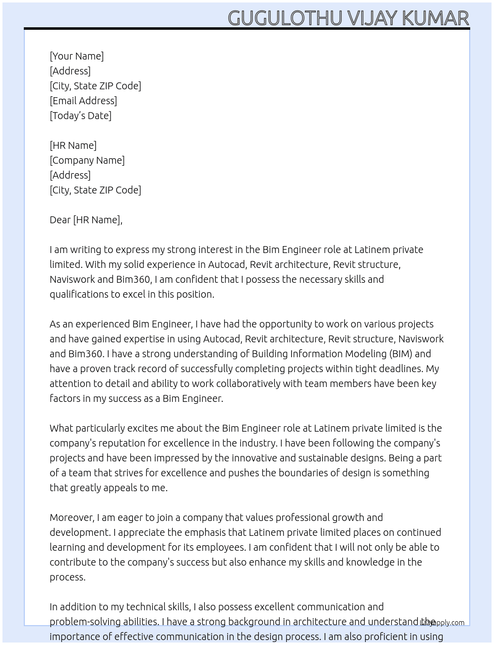 AUTOCAD / REVIT ARCHITECYURE At Latinem private limited Cover Letter