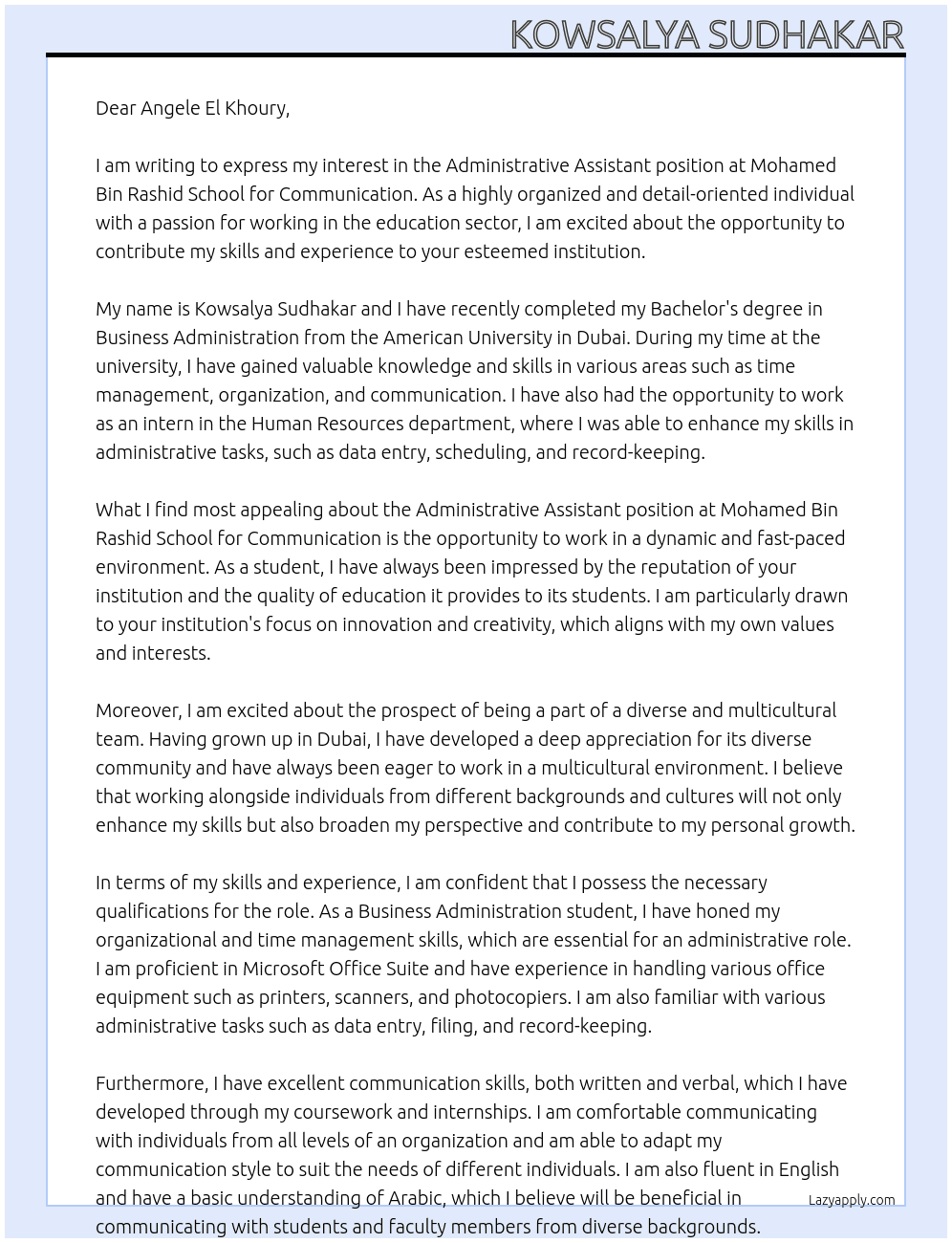 administrative-assistant At – Mohamed Bin Rashid School for Communication Cover Letter
