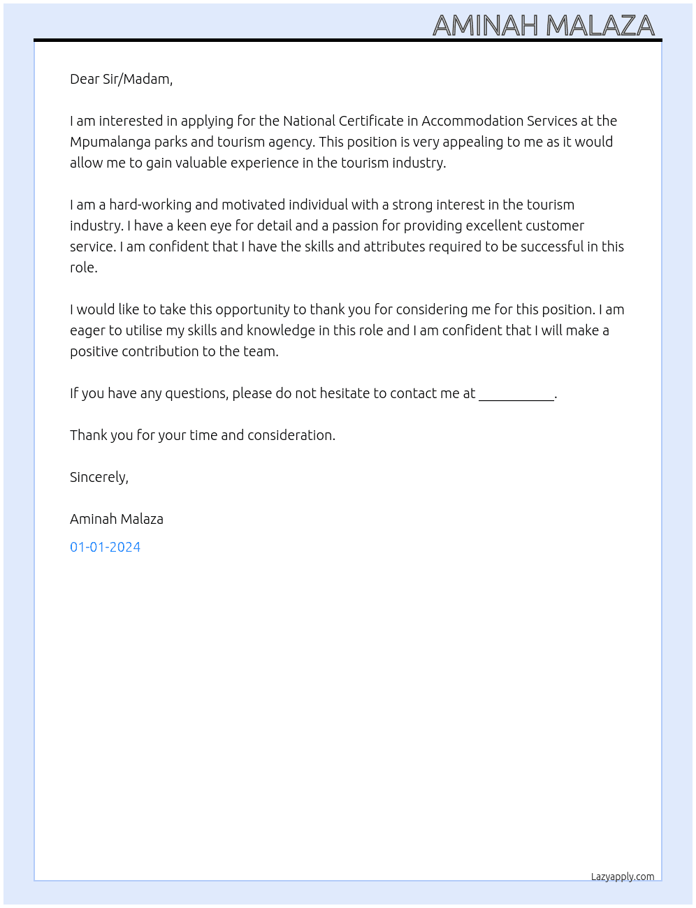 National certificate in accommodation services  At Mpumalanga parks and tourism agency  Cover Letter