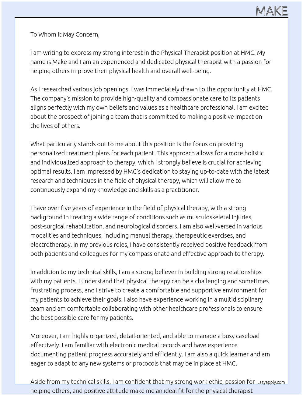 physical therapist At HMC Cover Letter