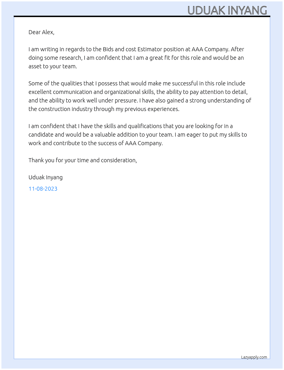 Bids and cost Estimator  At AAA Company  Cover Letter