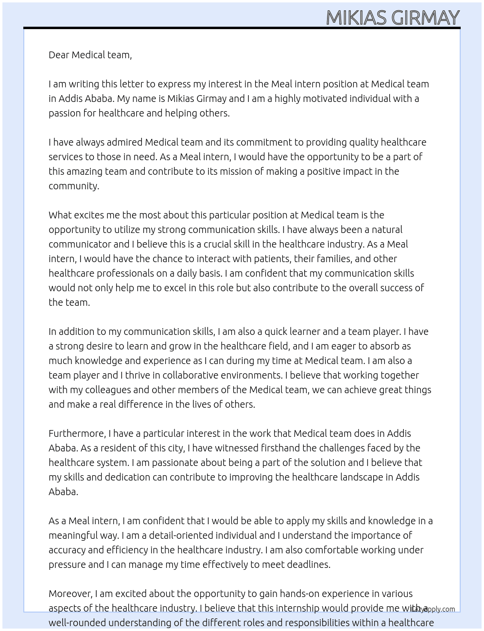 Meal intern At Medical team Cover Letter
