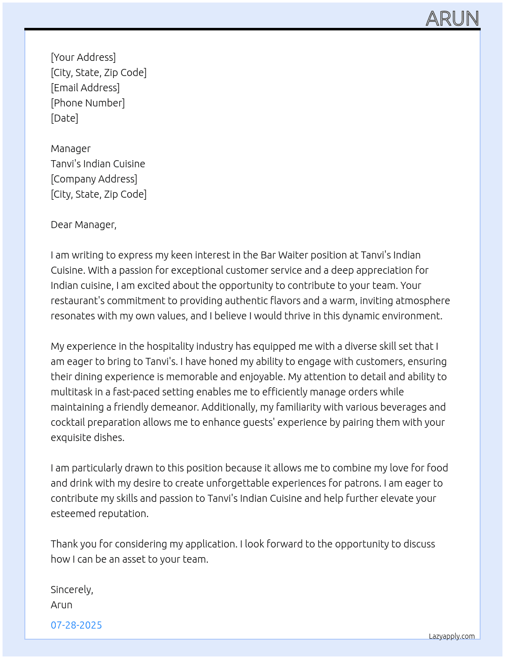 Bar waiter  At Tanvi's Indian Cuisine Cover Letter