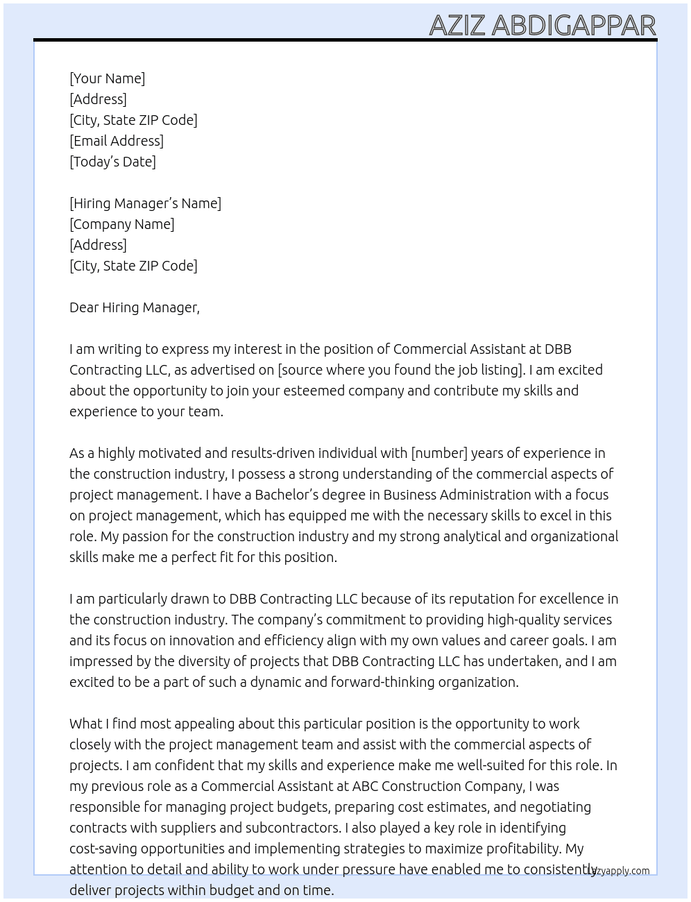 Commercial Assistant At DBB Contracting LLC Cover Letter
