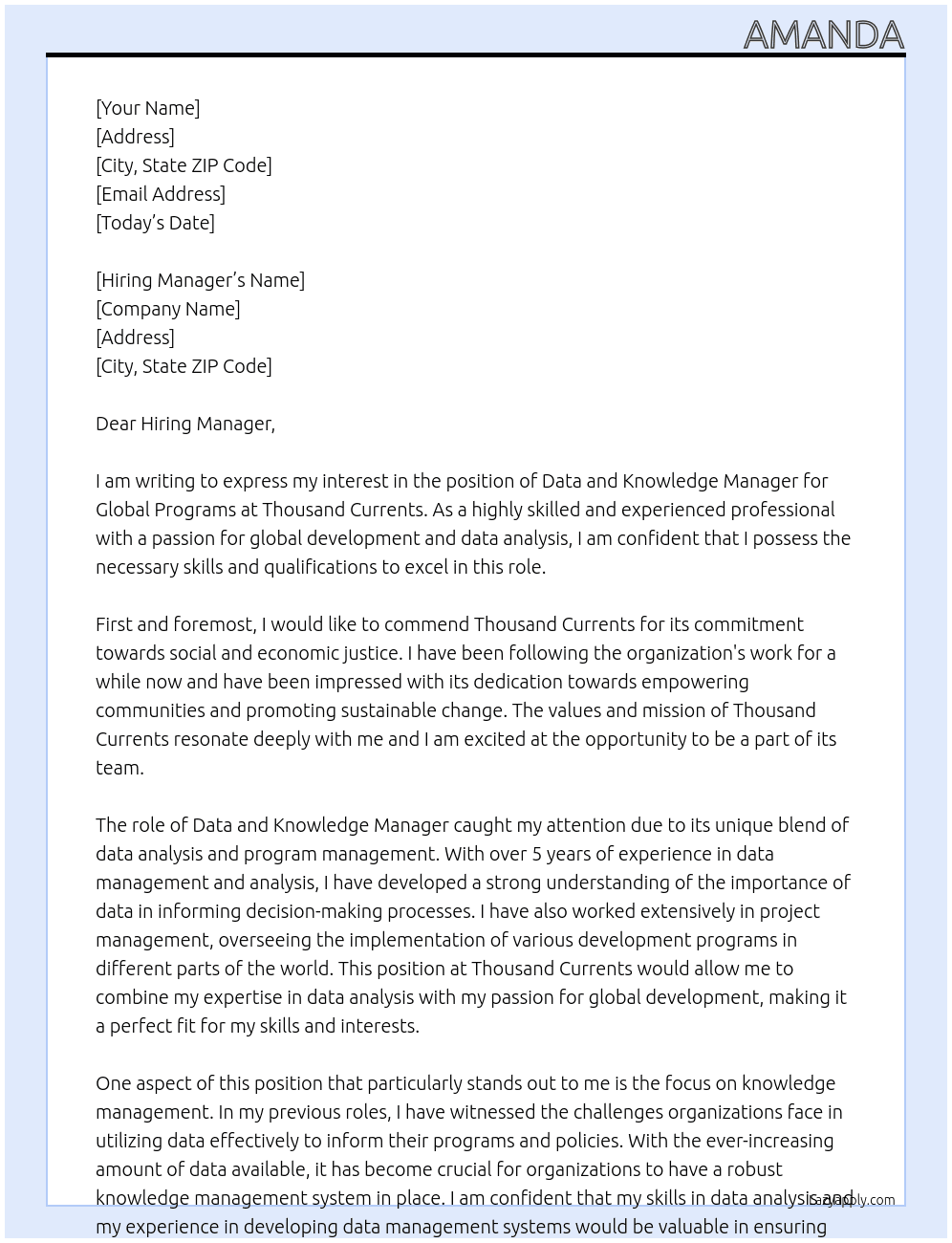 Data and Knowledge Manager, Global Programs At Thousand Currents Cover Letter