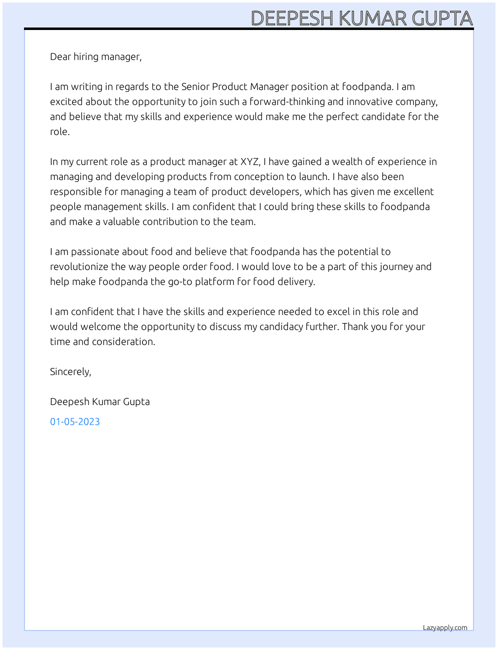 Senior Product Manager At foodpanda Cover Letter