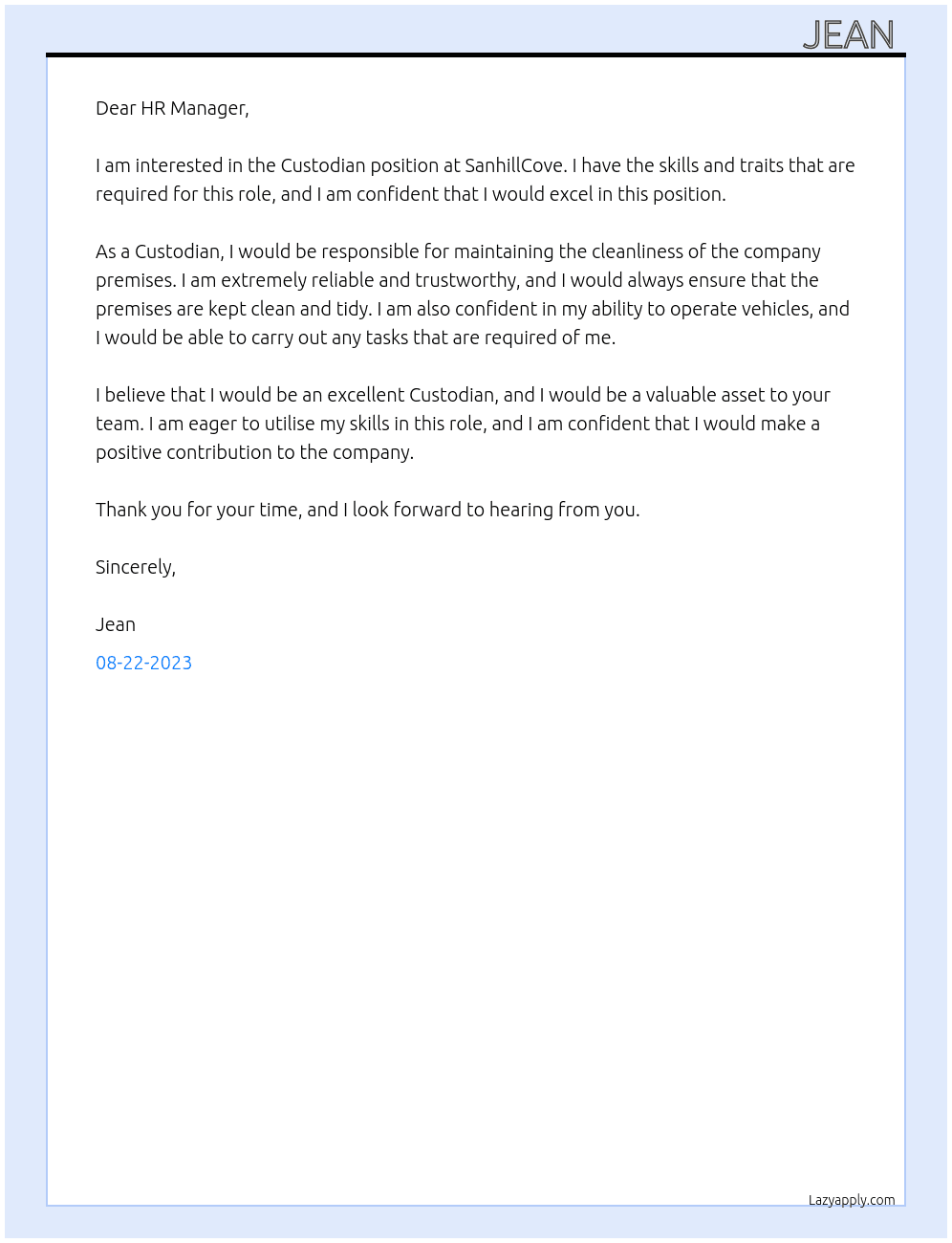 Coustodian At SanhillCove Cover Letter