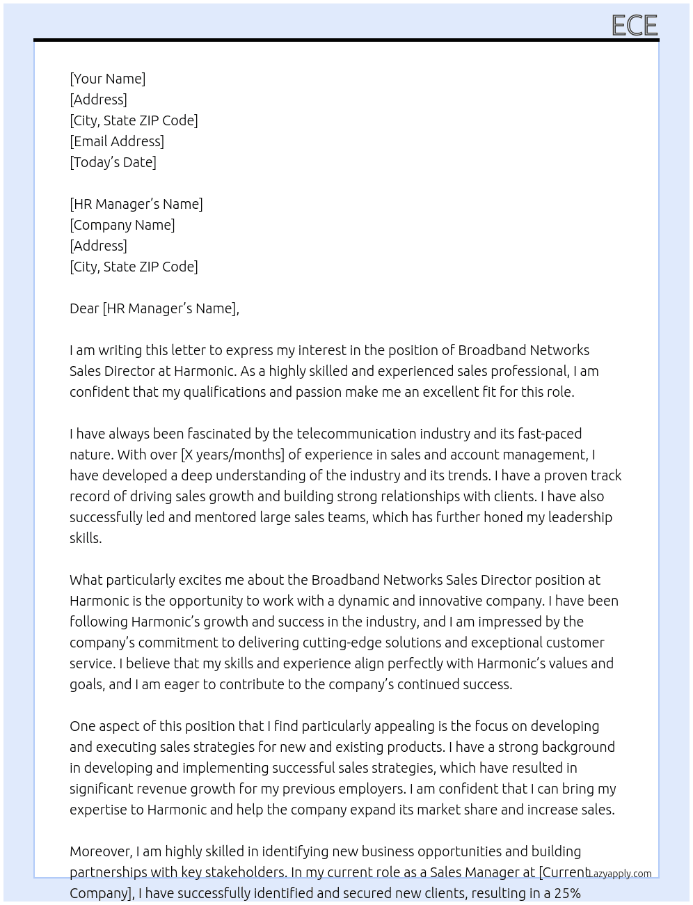 Broadband Networks Sales Director At harmonic Cover Letter
