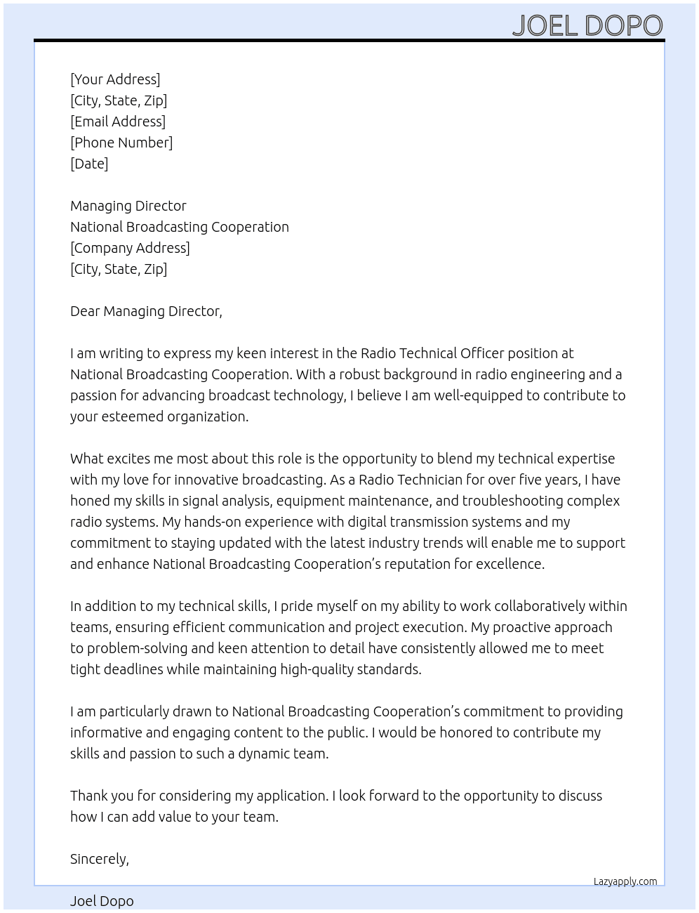 RADIO TECHNICAL OFFICER At NATIONAL BROADCASTING COOPERATION Cover Letter