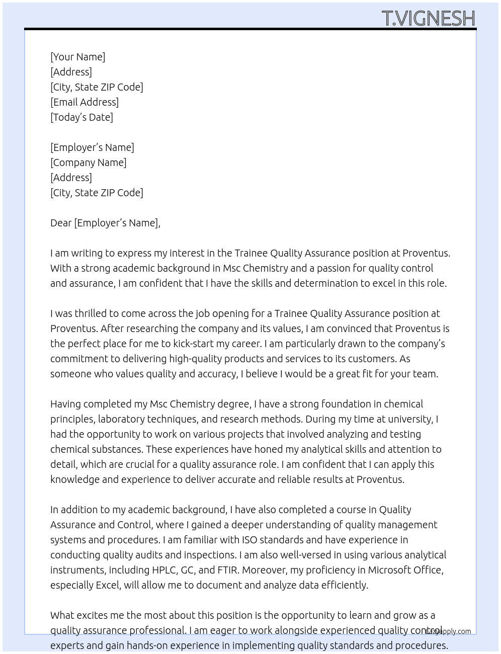 Trainee Quality assurance  At Proventus Cover Letter