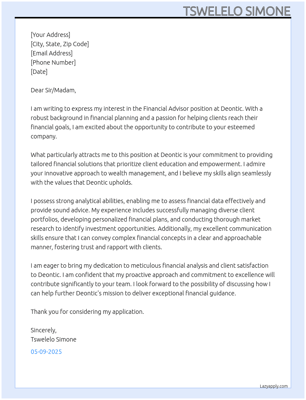Financial Advisor  At Deontic Cover Letter