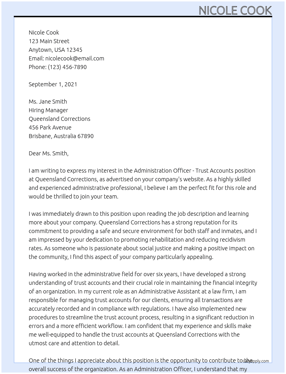 Administration officer - Trust Accounts At Queensland Corrections Cover Letter
