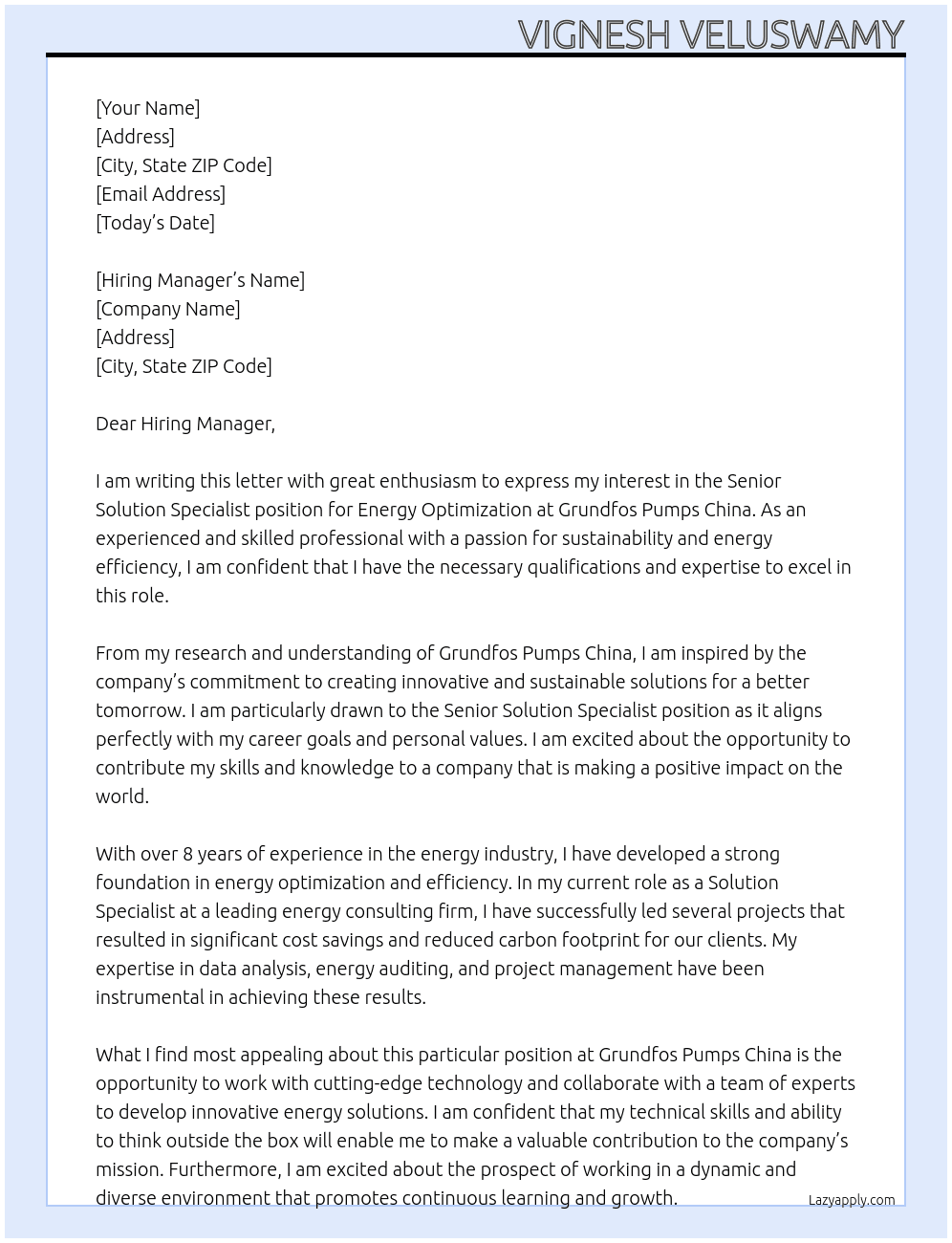 Senior solution specialist, Energy Optimization At Grundfos Pumps China Cover Letter