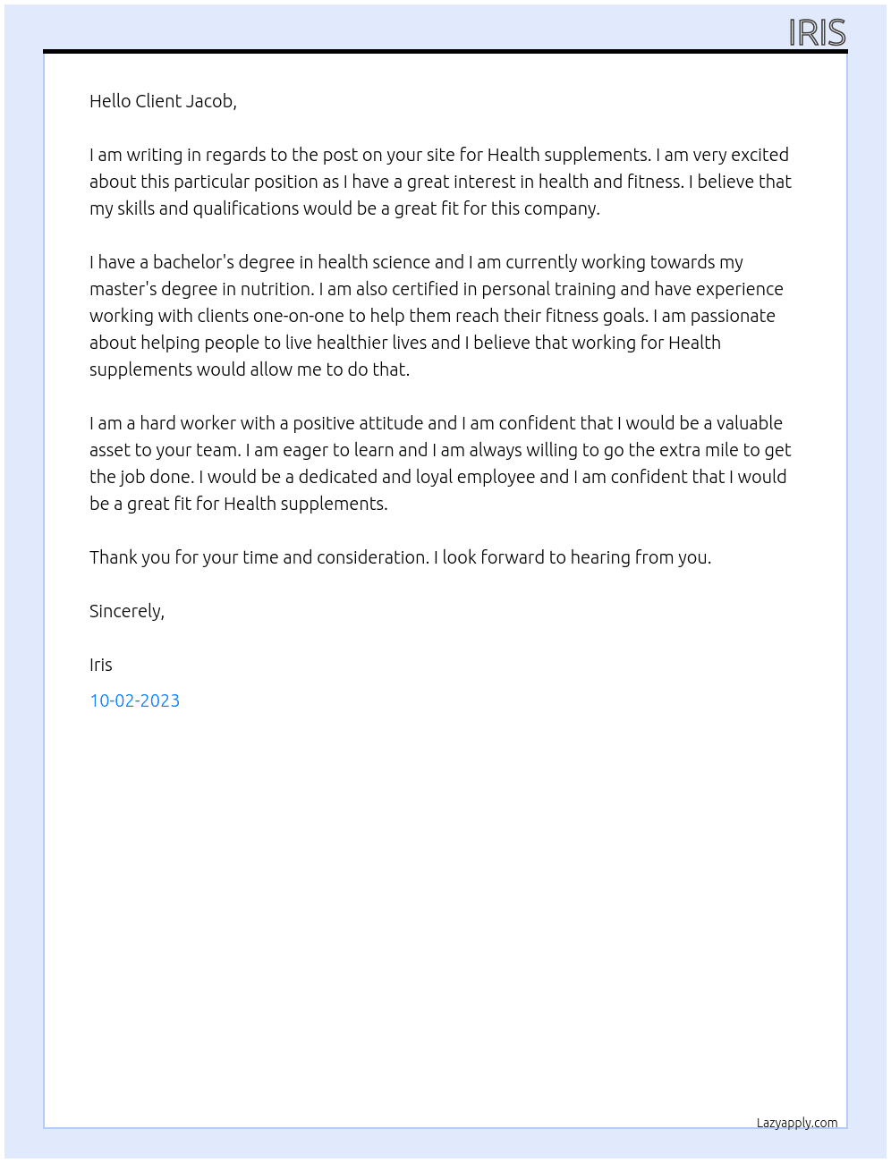 Post on a site At Health supplements Cover Letter