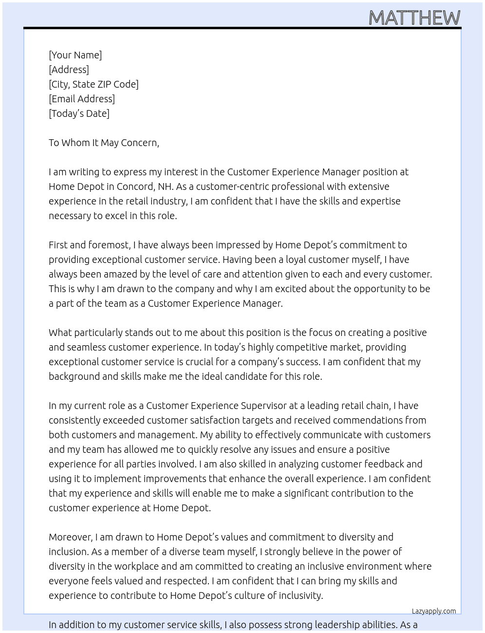 Customer Experience Manager At Home Depot Cover Letter