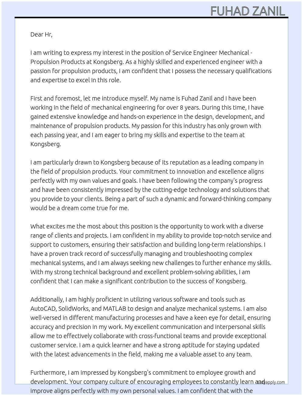 Service Engineer Mechanical - propulsion products  At Kongsberg Cover Letter