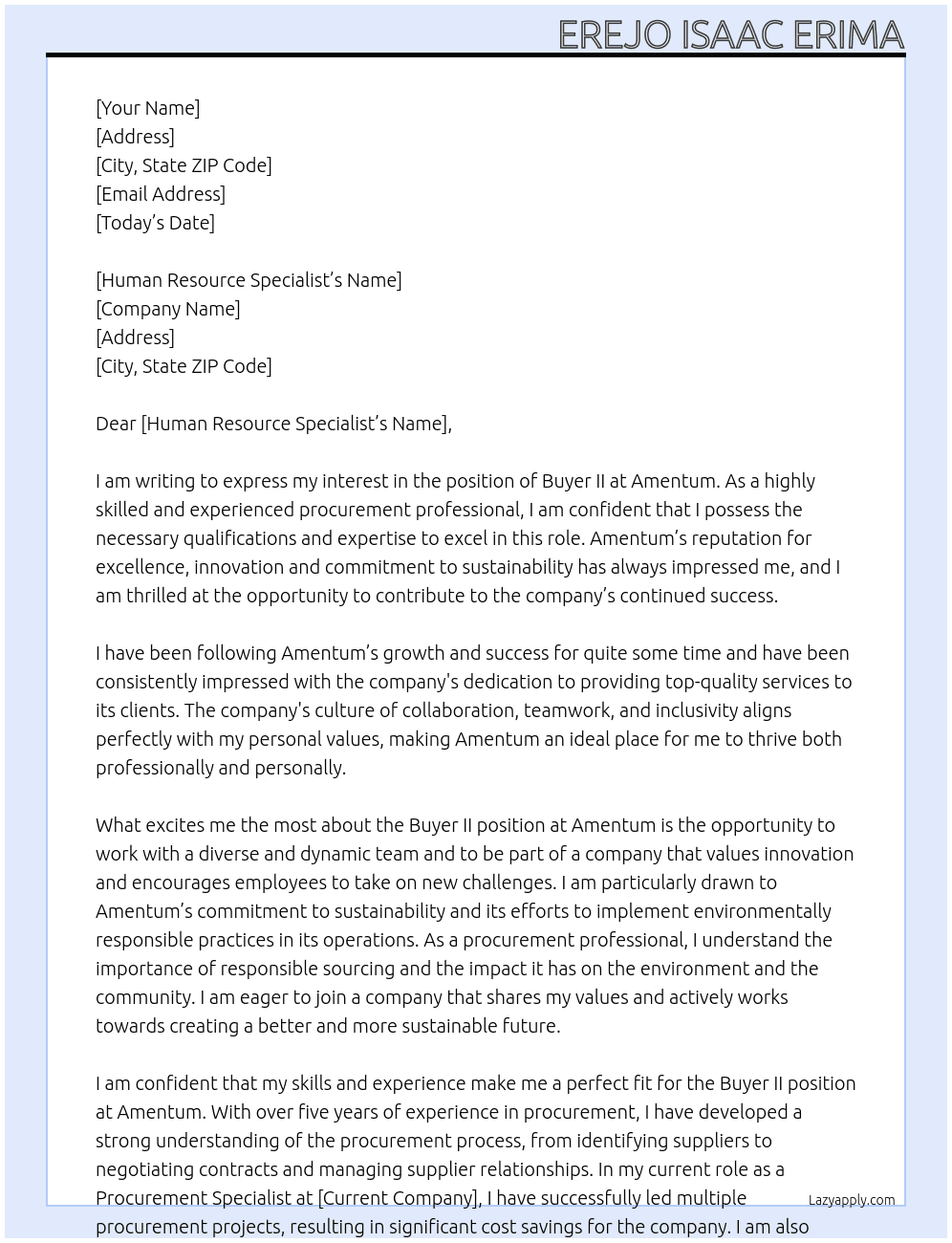Buyer II  At Amentum  Cover Letter