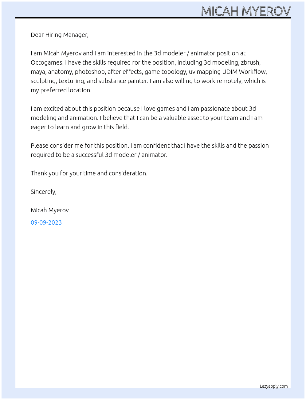 3d modeler / animator At Octogames Cover Letter