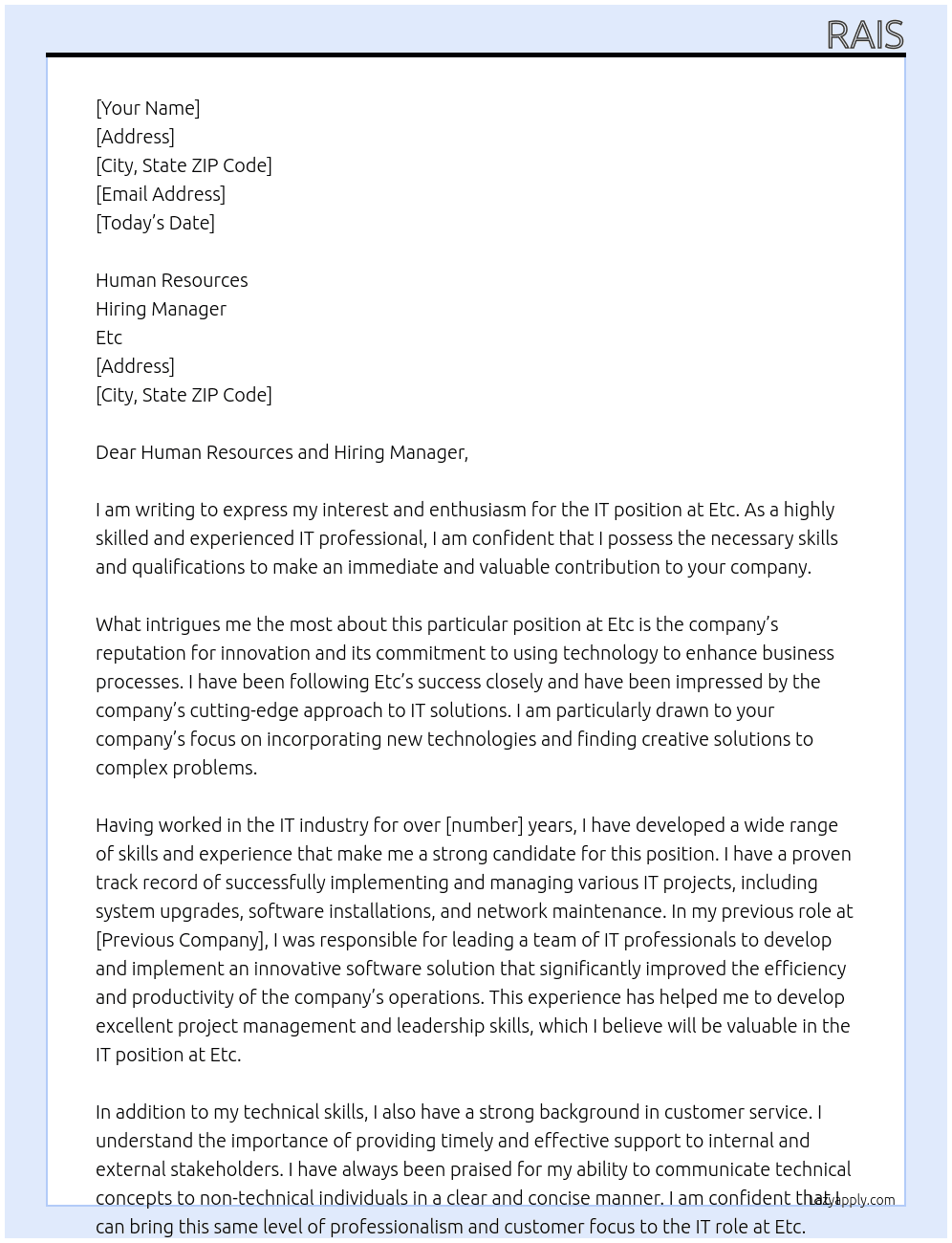 IT At Etc Cover Letter
