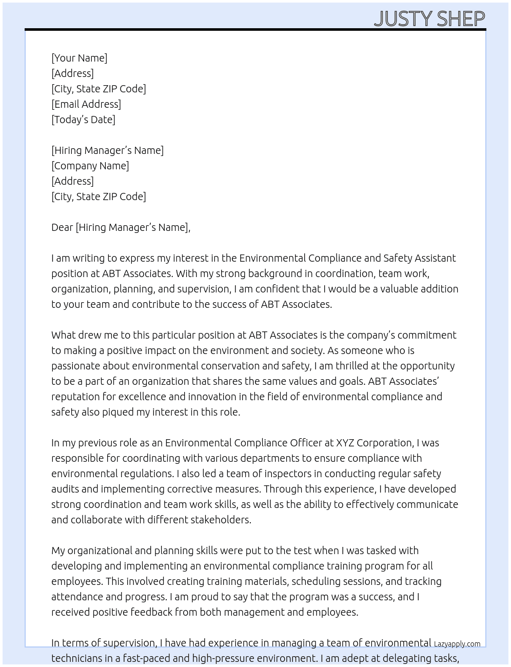 Enviromental Compliance and Safert Assistant At ABT Associates Cover Letter