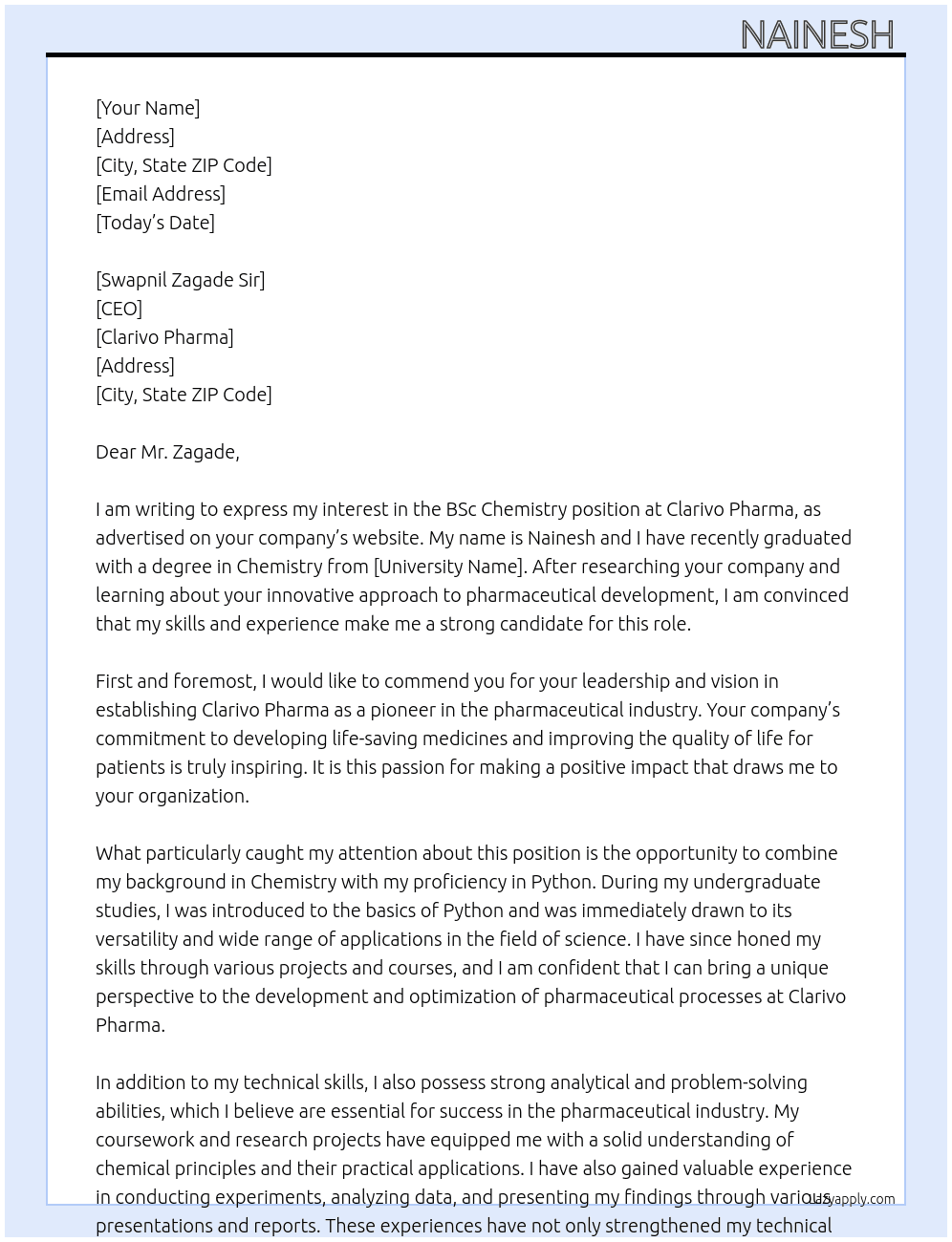 bsc chemistry  At clarivo pharma  Cover Letter