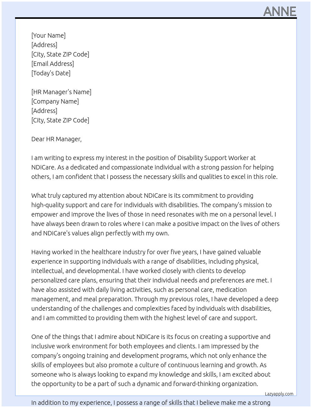 disability support worker  At NDiCare Cover Letter
