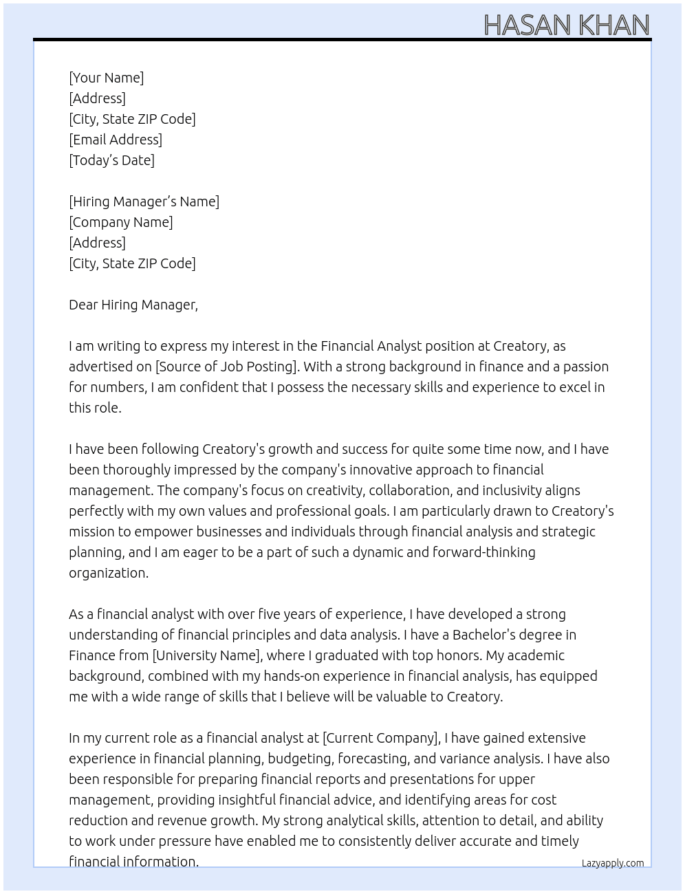 Financial Analyst At Creatory Cover Letter