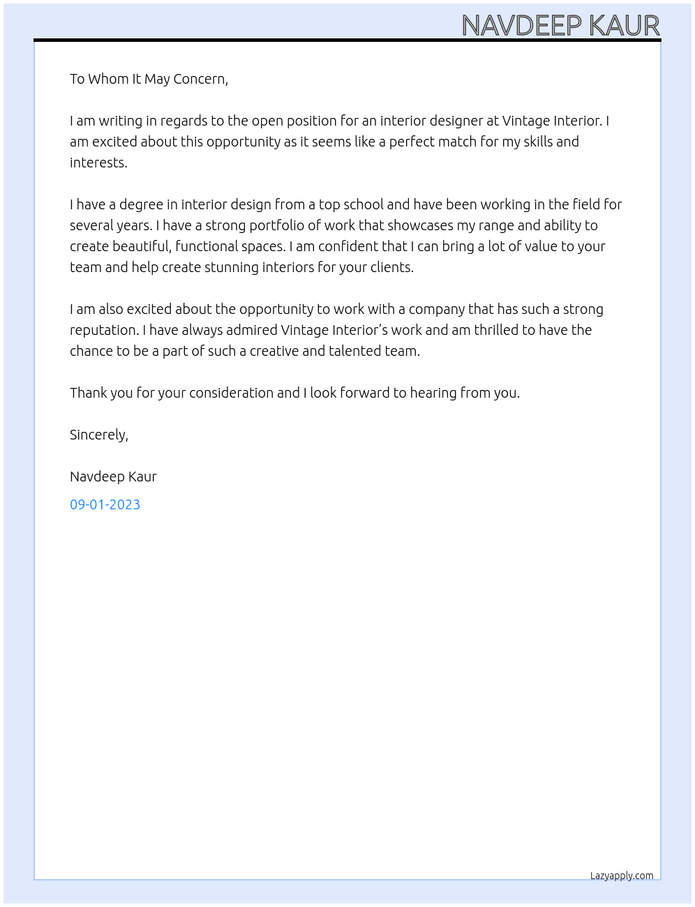 Interior designer At Vintage interior  Cover Letter