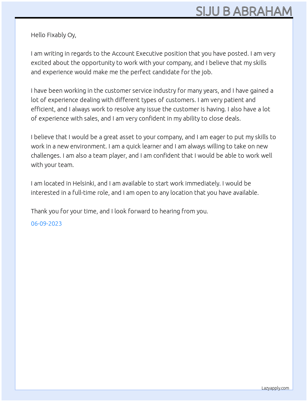Account Executive At Fixably Oy  Cover Letter