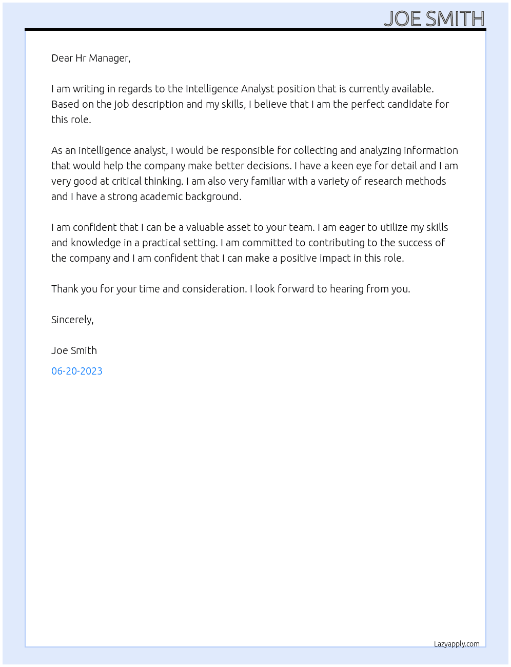 Intelligence Analyst At Intelligence Cover Letter