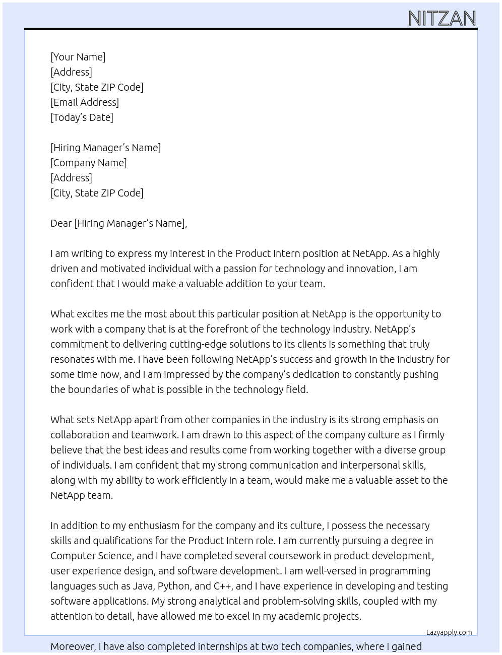 Product Intern At NetApp Cover Letter