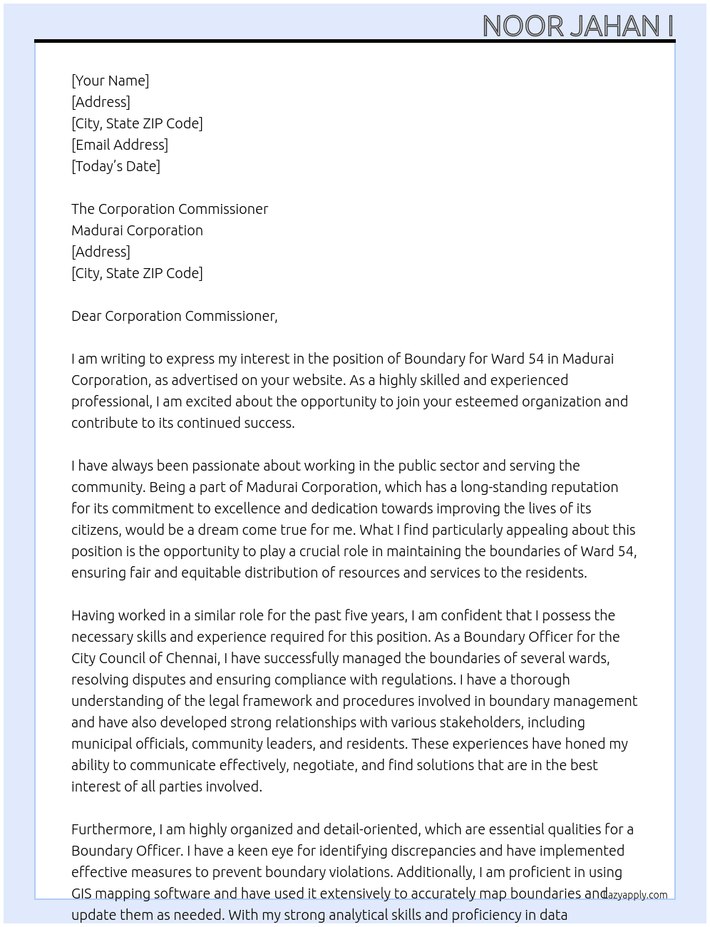 Boundry for Ward 54 Madurai Corporation At Madurai Corpration Cover Letter