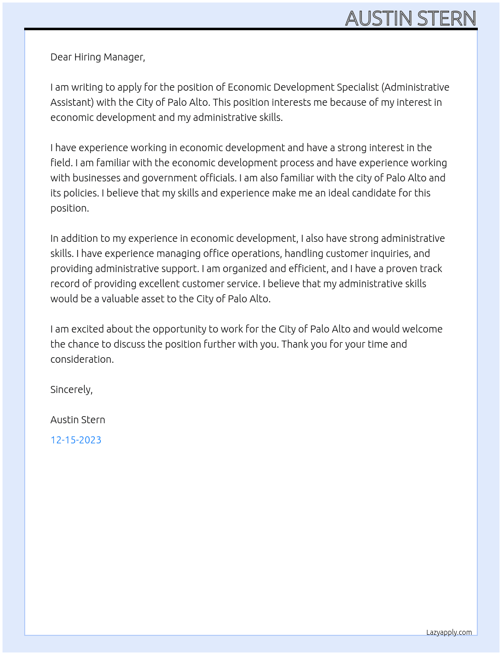 Economic Development Specialist (Administrative Assistant) At City of Palo Alto Cover Letter
