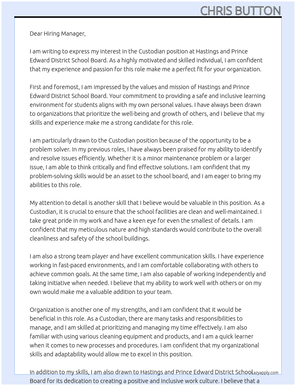 Custodian At Hastings and Prince Edward District School Board Cover Letter