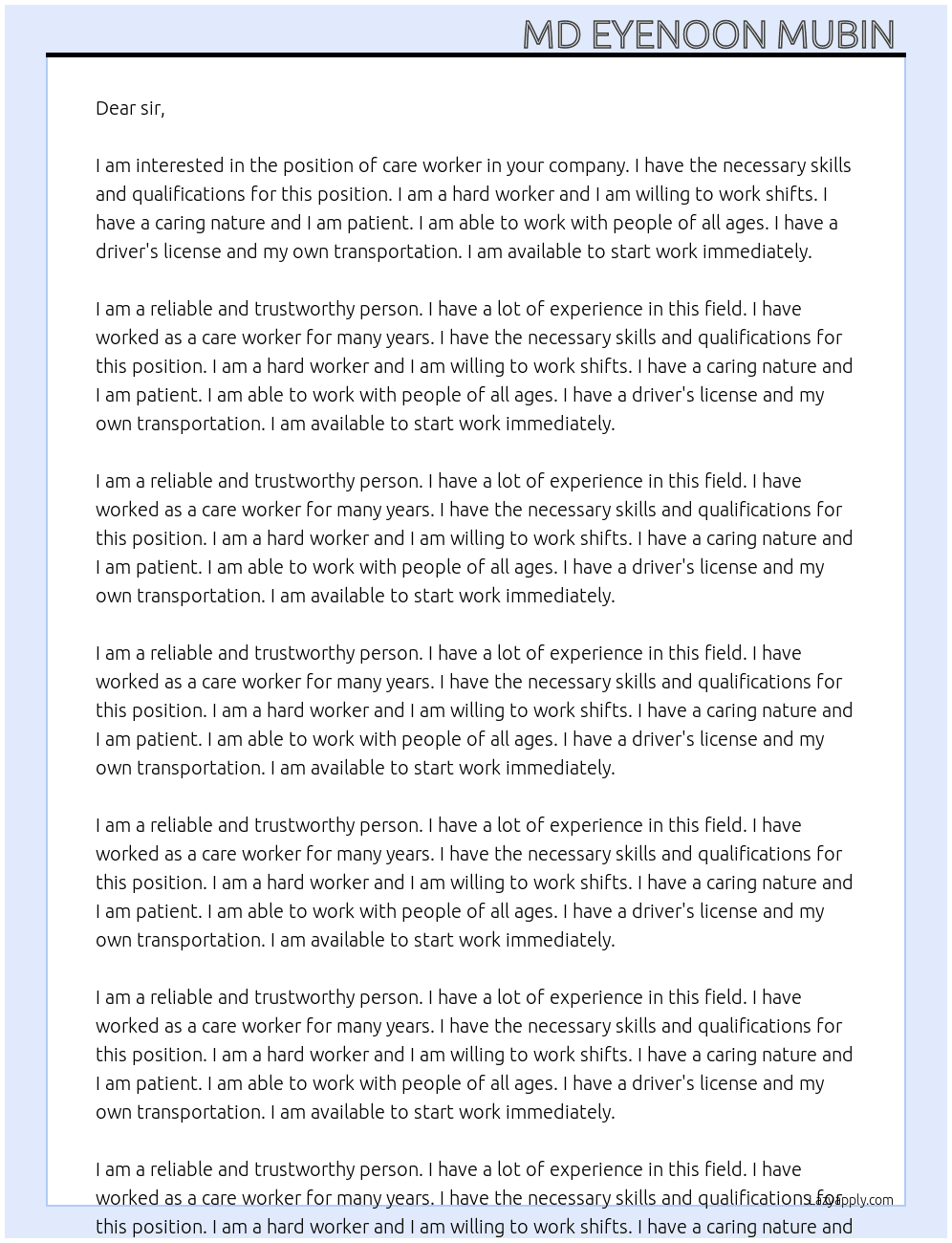 Care worker At your company  Cover Letter