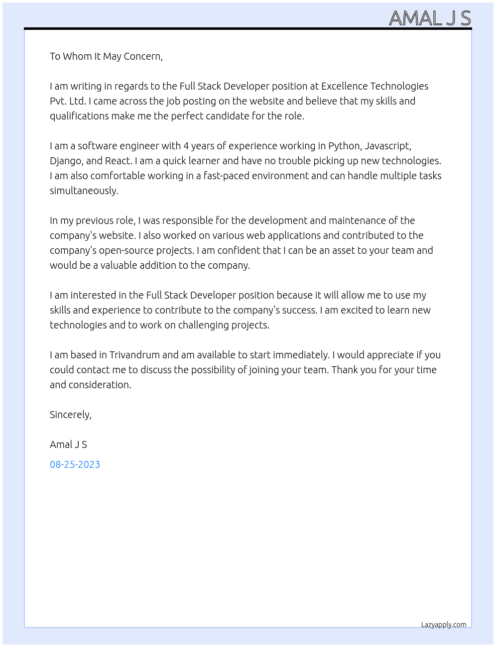 Full Stack Developer At Excellence Technologies Pvt. Ltd Cover Letter