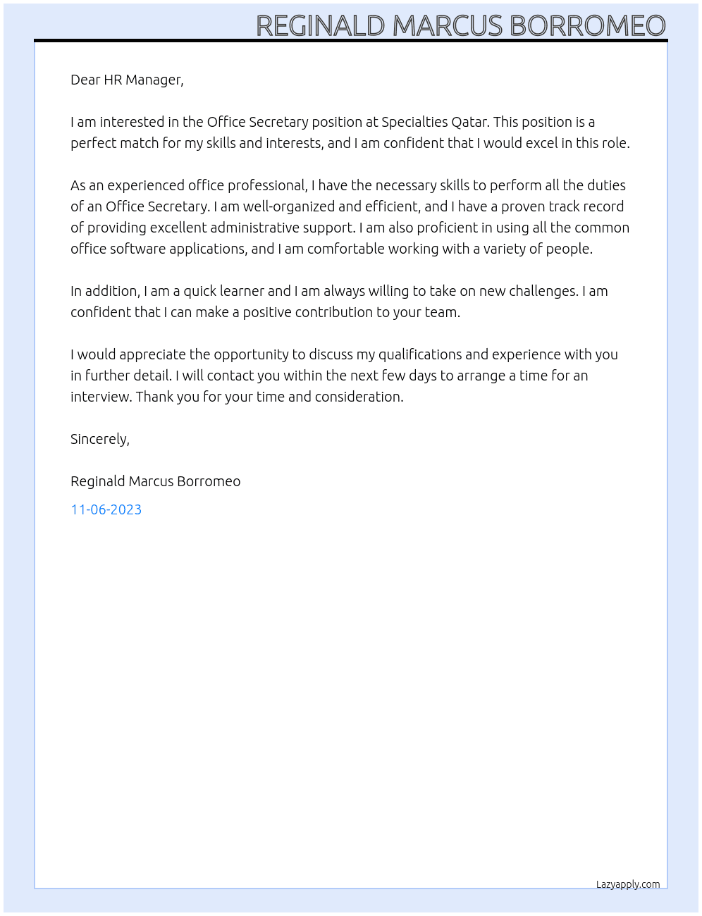 Office Secretary At Specialties Qatar Cover Letter