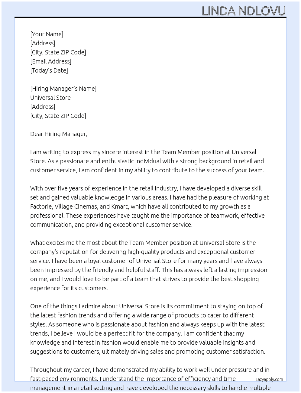 Team member At Universal Store Cover Letter