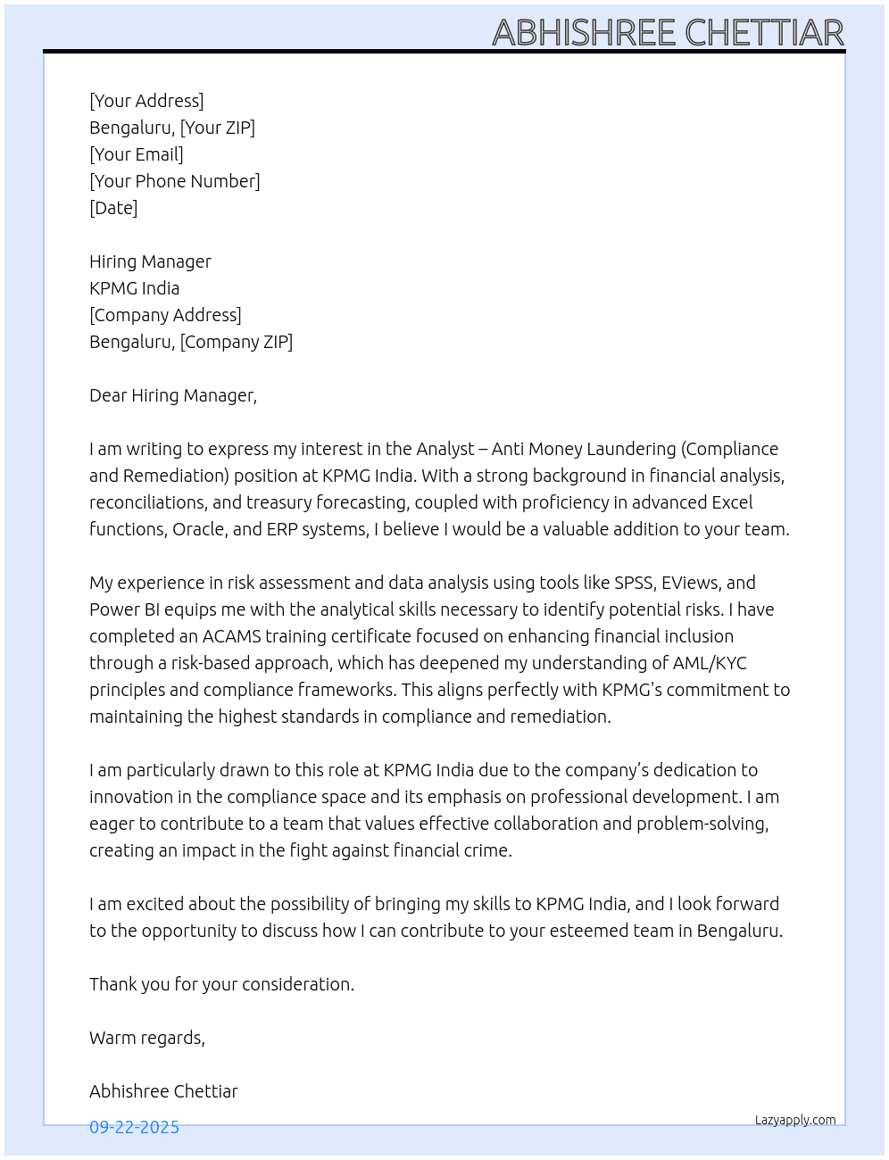 Analyst –Anti Money Laundering (Compliance and Remediation)  At KPMG India Cover Letter