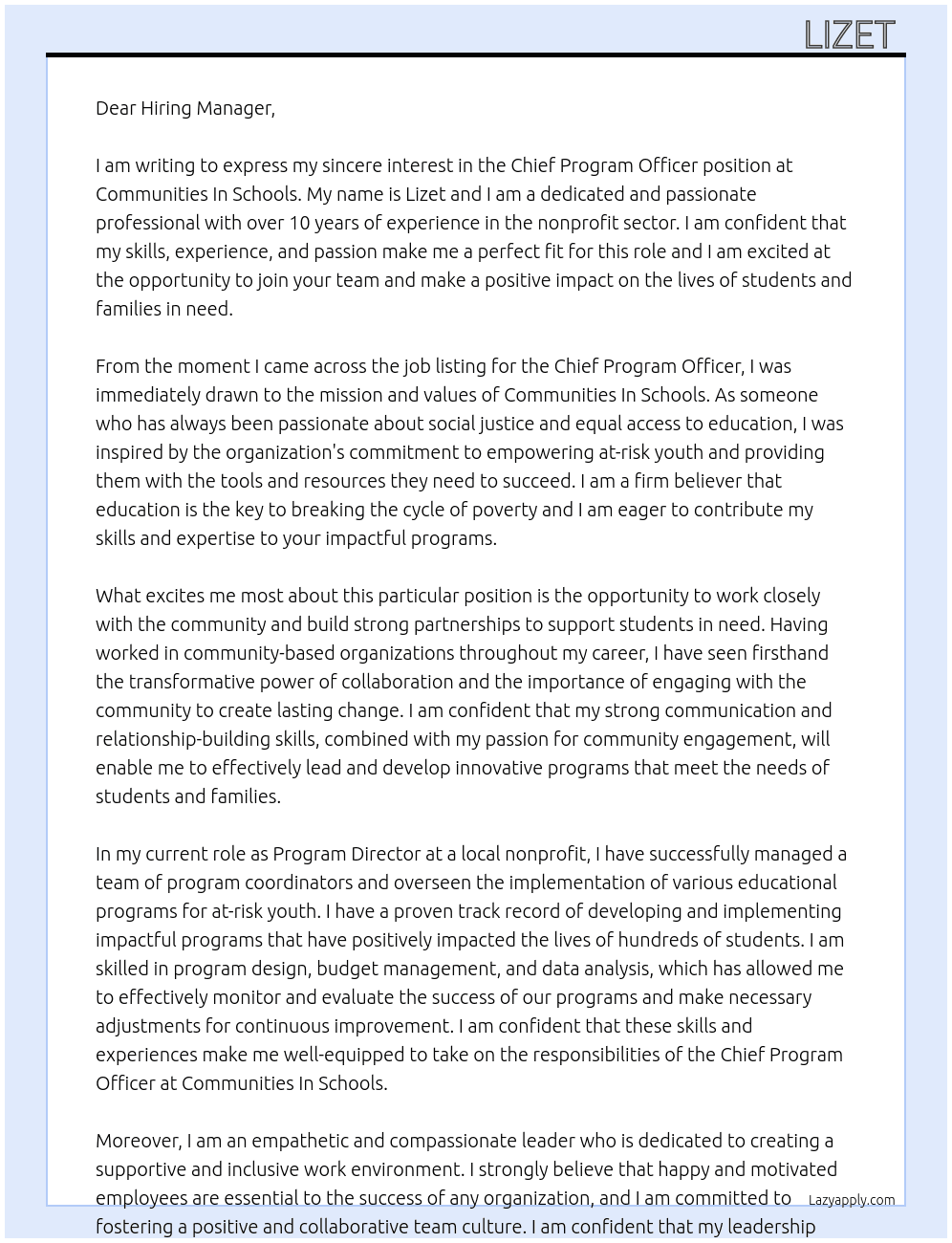 Chief Program Officer At Communities In Schools Cover Letter