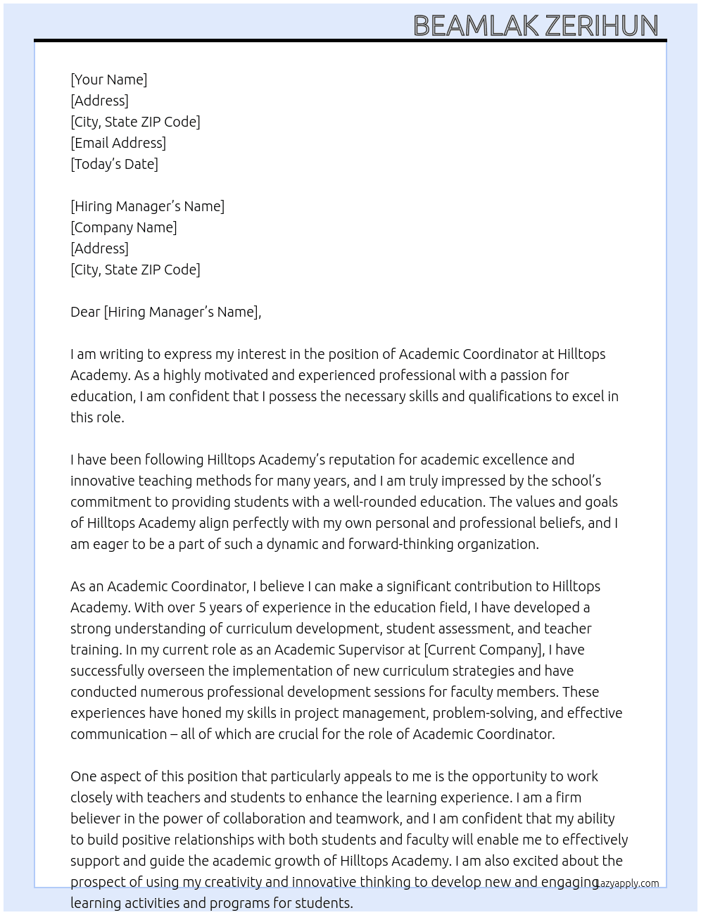 Academic coordinator  At Hilltops academy  Cover Letter