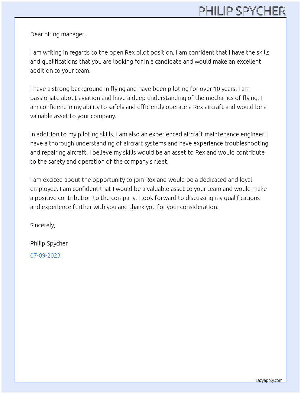 REX pilot  At REX Cover Letter