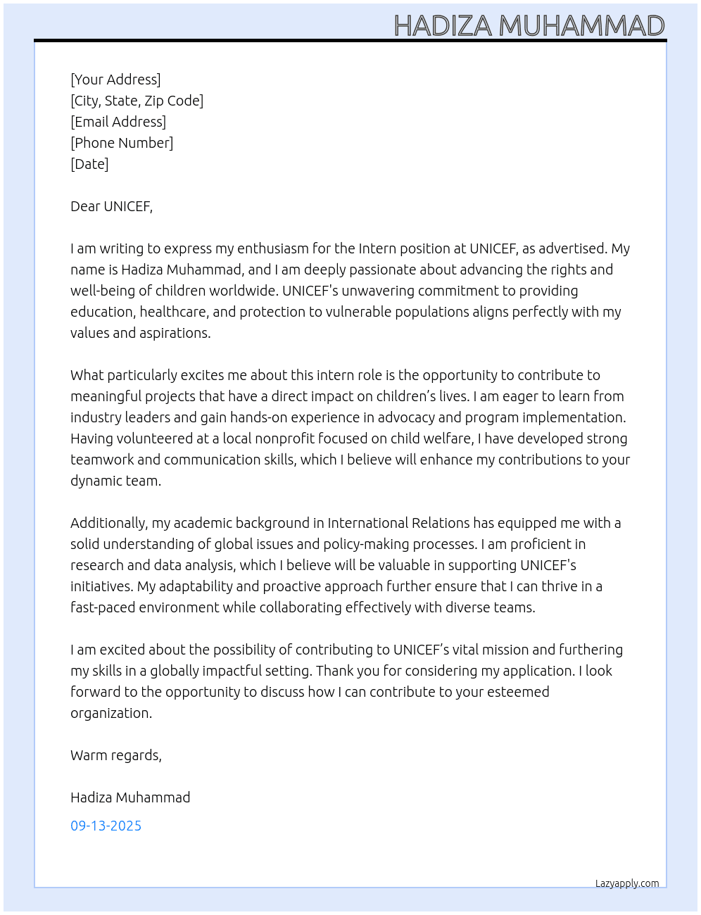 Cover letter for intern position at unicef - LazyApply