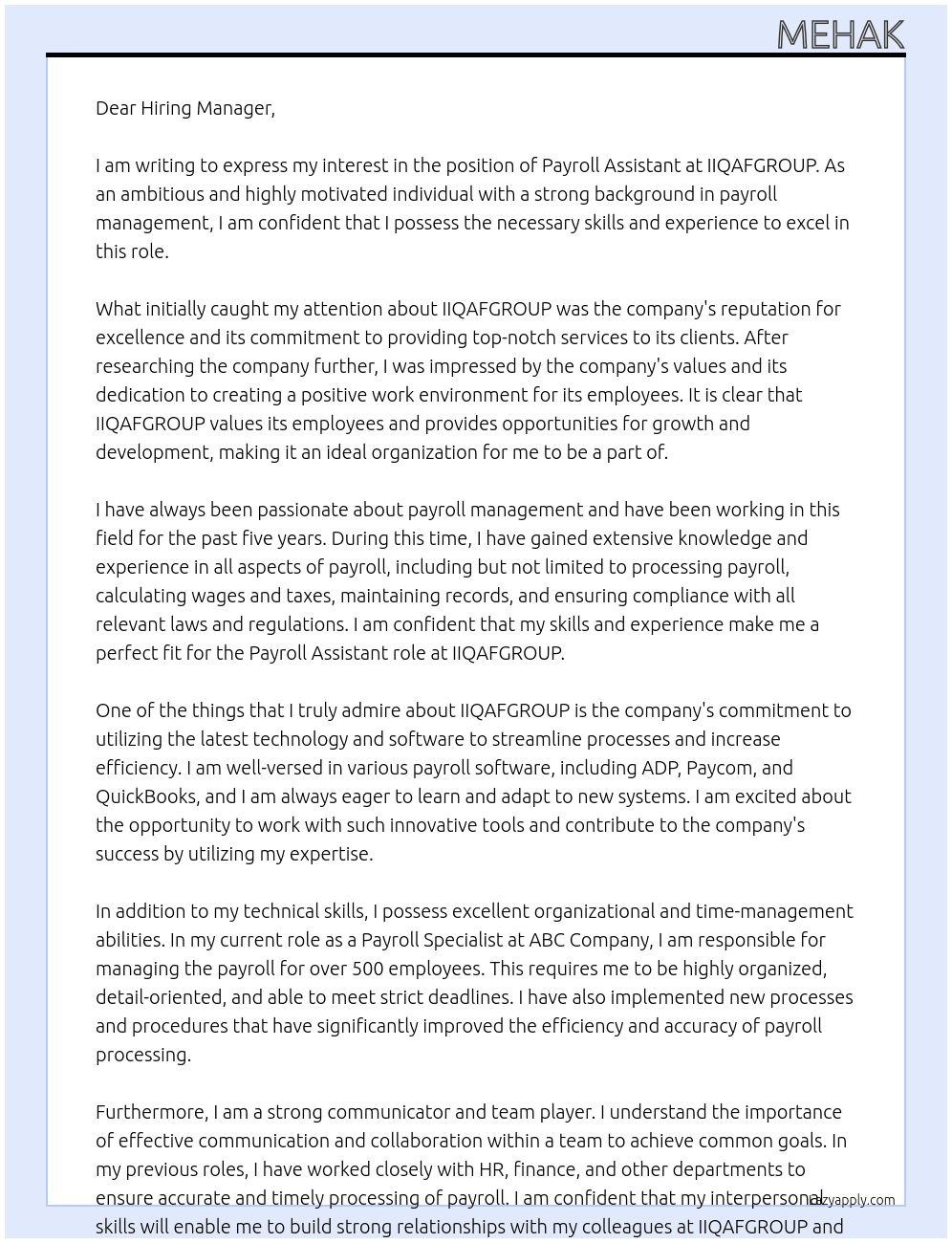 payroll assistant  At IIQAFGROUP Cover Letter