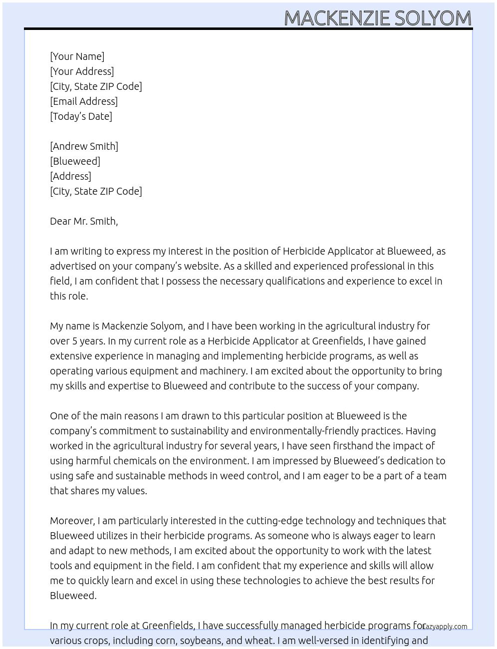 Herbicide applicator At Blueweed Cover Letter