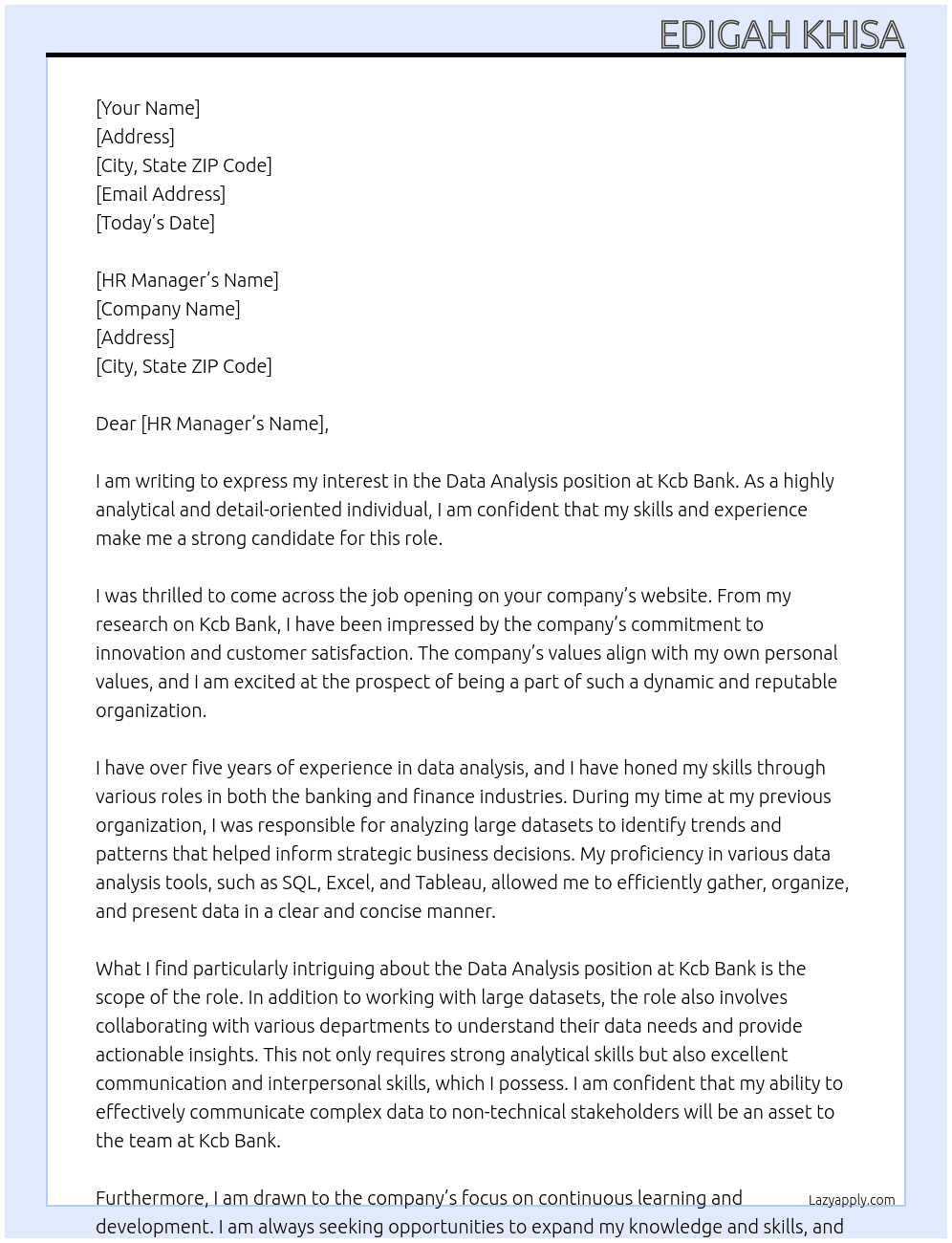 Data analysis  At Kcb bank Cover Letter