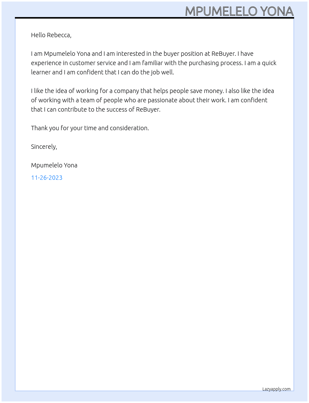 Buyer At ReBuyer Cover Letter